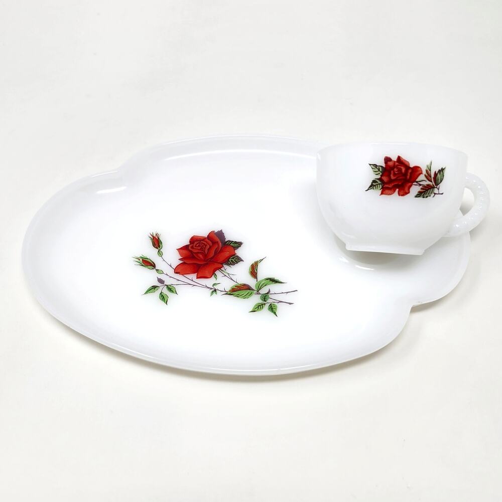 Federal Glass Rosecrest Milk Glass Snack Set Red Rose Design
